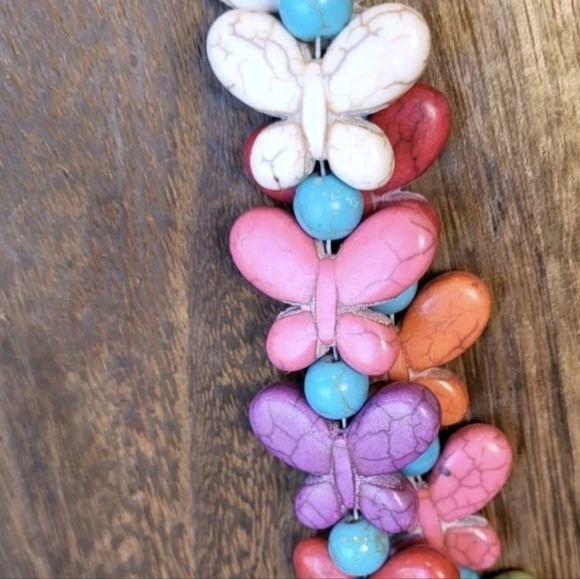 Double Strand Distressed Rainbow Butterfly Stone Beaded Necklace w/ Extender - Picture 6 of 12